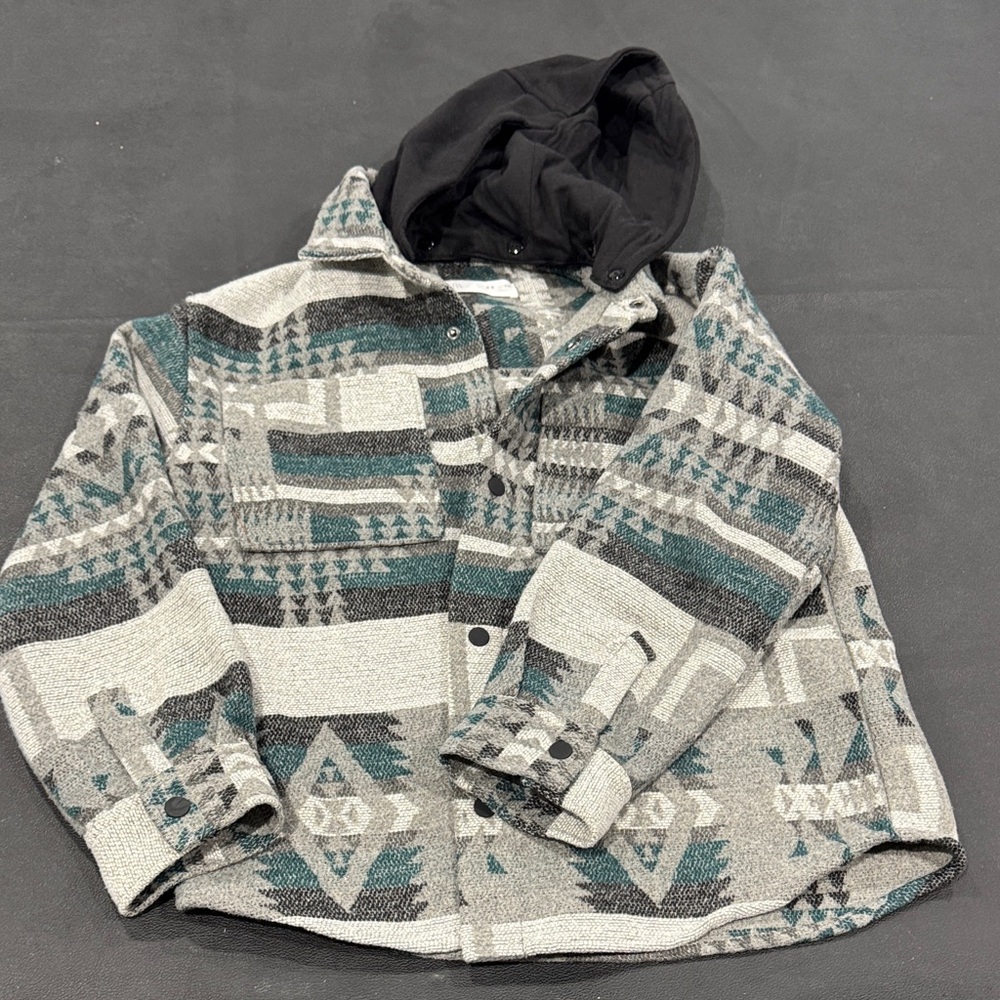 Zara Kids Patterned Jacket with Hood - Gray and Teal